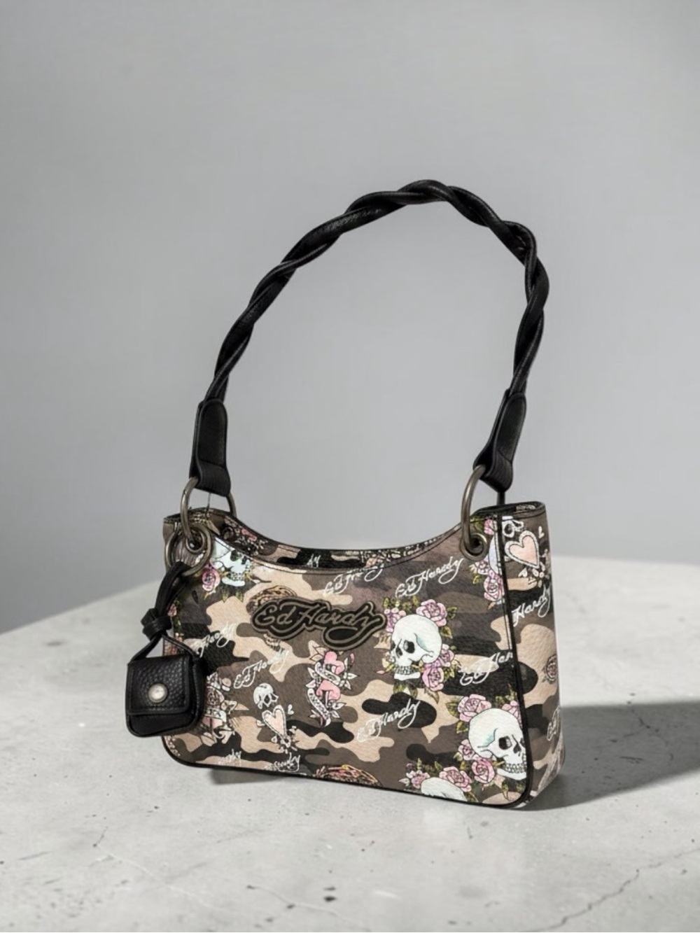Ed Hardy Camo Skull & Roses Y2K Shoulder Bag with Micro Pouch Charm